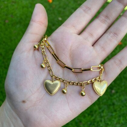 Pulsera de doble tiempo de corazones colgantes 